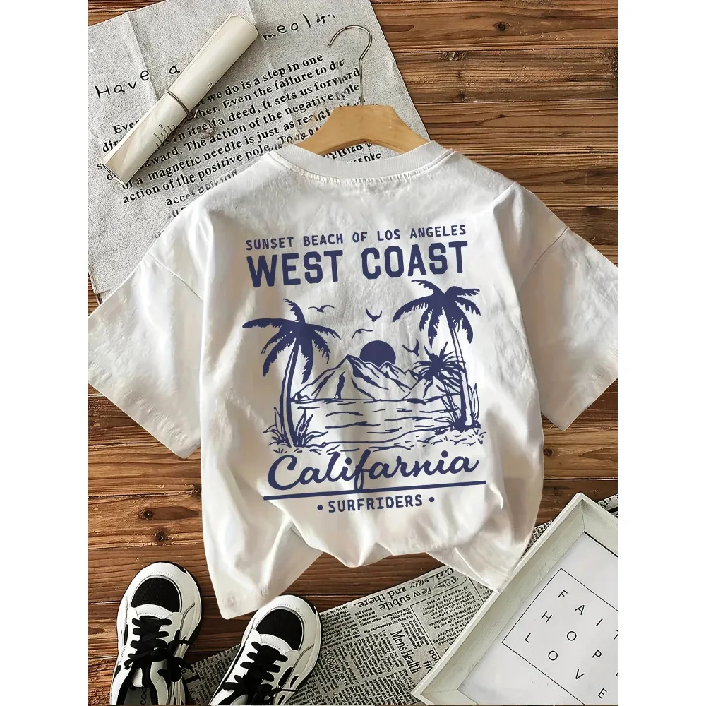 West Coast Graphic Print with Palm TreesT Shirt Short Sleeve Loose  Tshirt  Clothes Women Retro Aesthetic T-Shirts