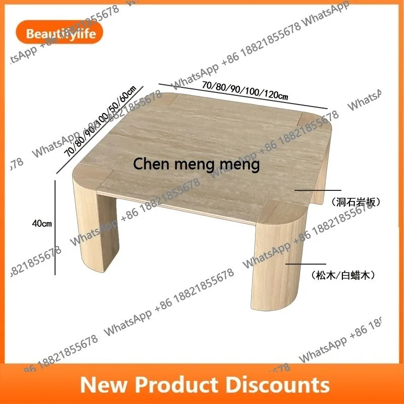 D178 d06 Nordic INS Coffee Table with Travertine Stone and White Ash Wood for Living Room, Vintage Style for Small Apartments