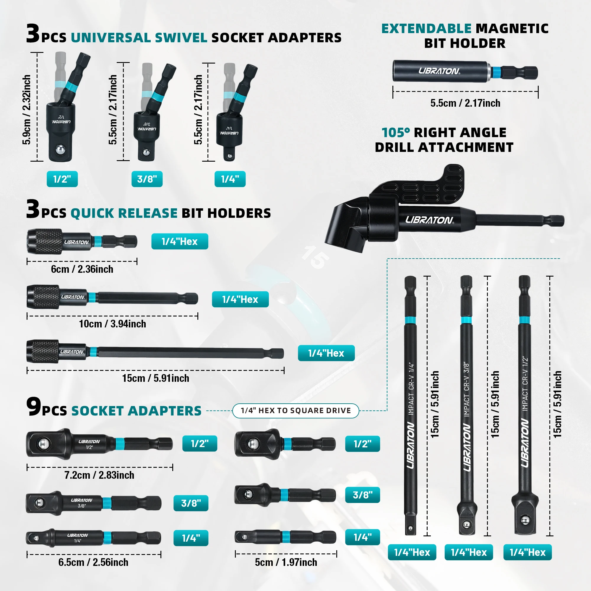 LIBRATON Schlagschraubersatz 17-teilig mit Dreh- und Winkeladaptern 1/4", 3/8", 1/2" Vierkantantrieb für Reparaturen – Detail 8