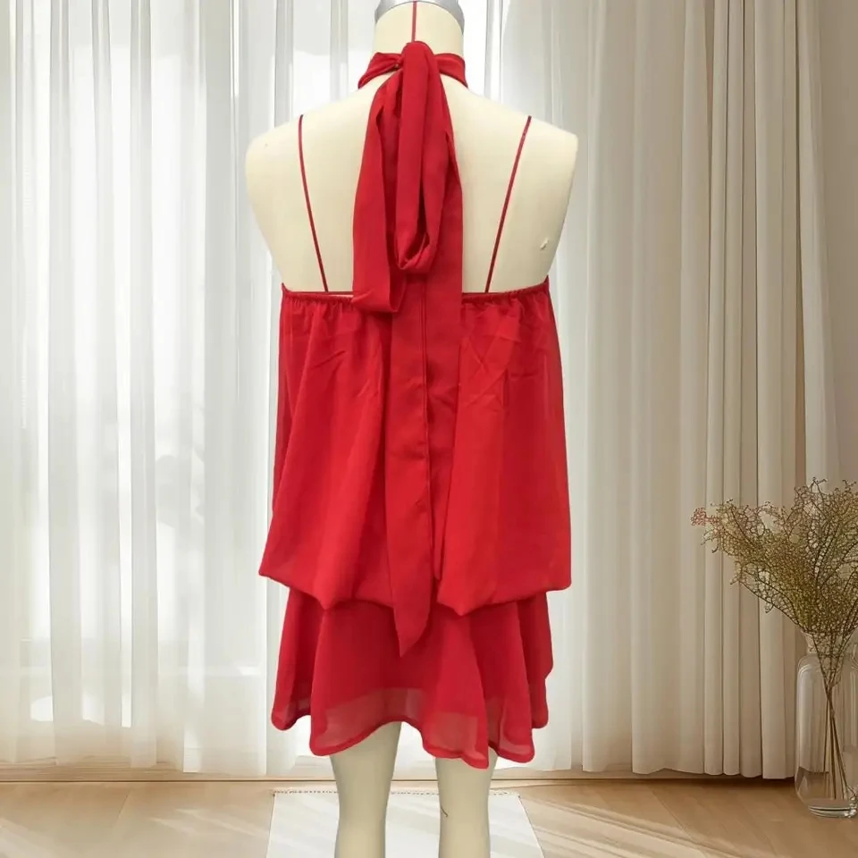 White Summer Chiffon Mini Dress Backless Lace-Up High Waist Sexy Party Dress Clothes Women's Halter Chiffon Mini Dress