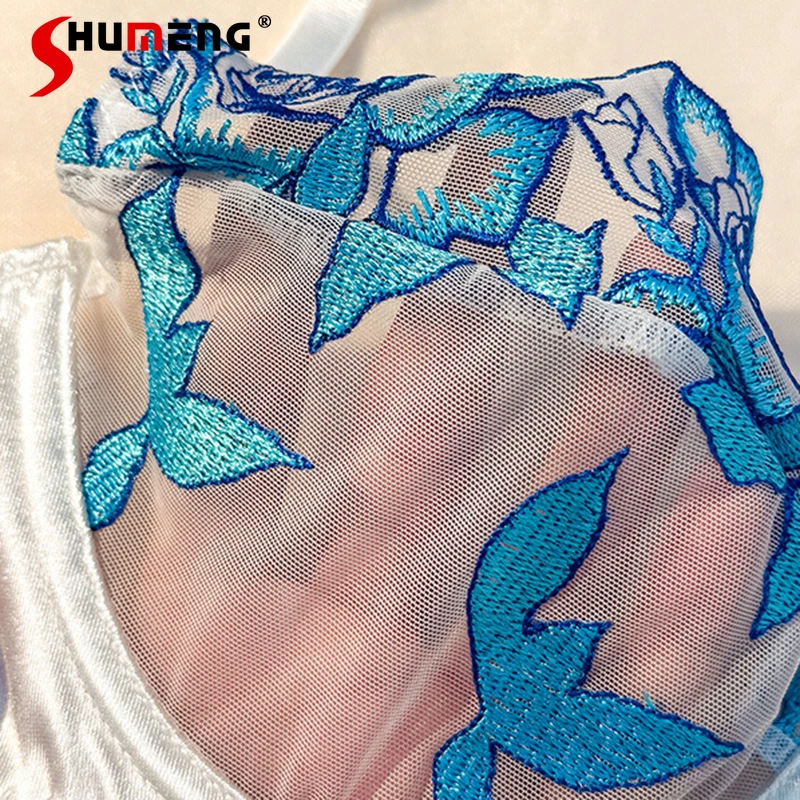 French Sexy Lingerie Outfits for Women Pure Embroidered Blue Floral Bra Set Female Underwire Push Up Ultra Thin Brief Suits