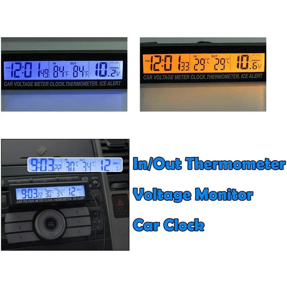 3-in-1 Car LCD Thermometer Voltmeter Clock, -50 to 70°C Indoor Outdoor Temp Gauge, Ice Alert 12V/24V Voltage Monitor Backlight