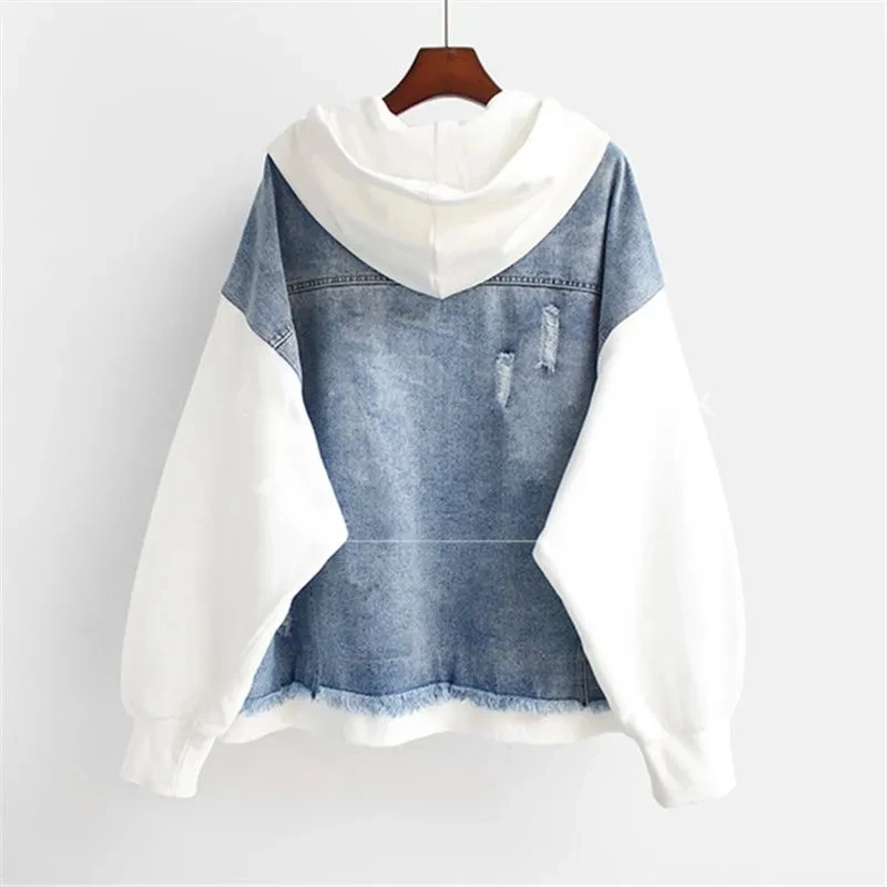 

Fake Two-piece Spliced Denim jacket For women 2026 Spring Autumn New loose hooded Baseball Jackets Female Casual Zipper Overcoat