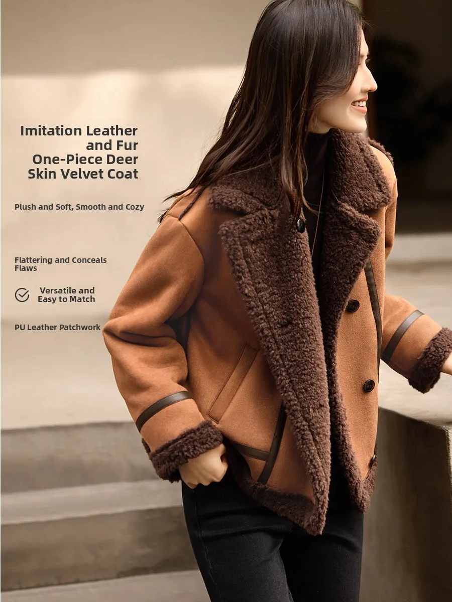 

Женская замшевая куртка XWI с мехом ягненка, теплая, приталенная, из кожи и меха, повседневная, для зимы, для поездок на работу, из полиэфирного волокна