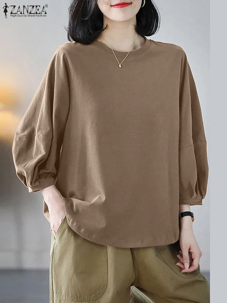 ZANZEA Autumn O Neck Blouses 3/4 Lantern Sleeve Solid Color Streetwear Loose Casual Pullover Tops Women Korean Fashion Blusas