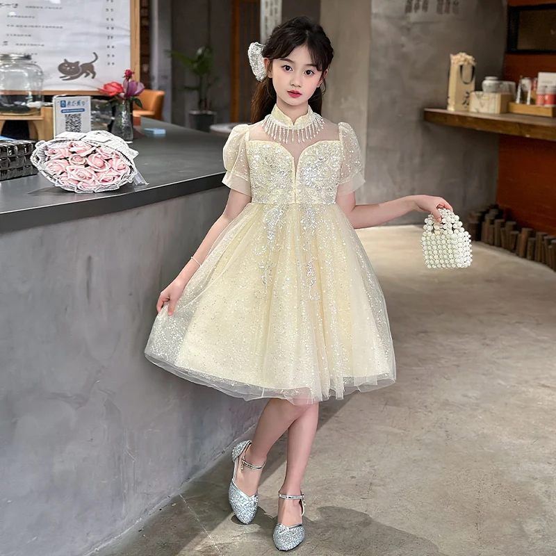 2025 New Fashionable High end Girls' Princess Skirt Round Neck Mesh Children's Performance Dress Summer Party Dress Festival