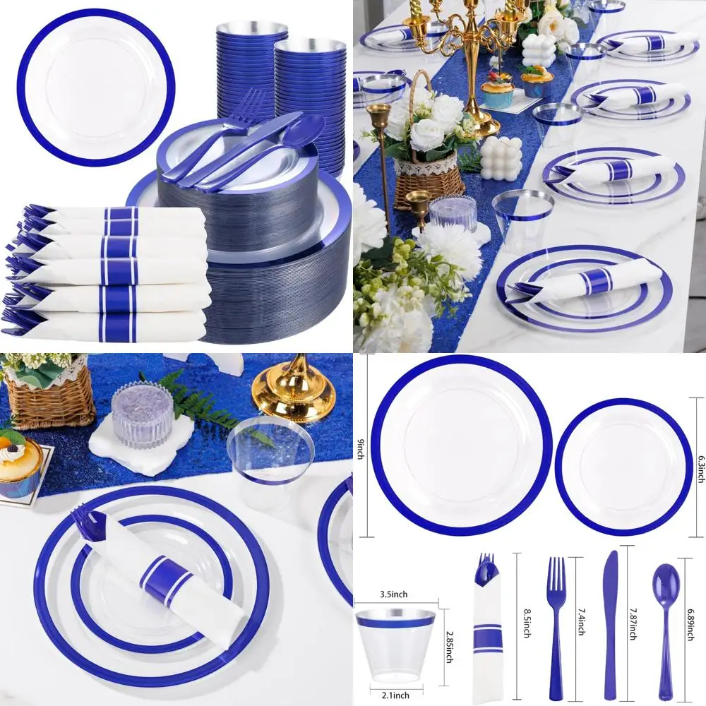 

Набор одноразовой посуды на 50 гостей: 100 прозрачных тарелок и 150 серебра с пластиковыми тарелками с синей отделкой.