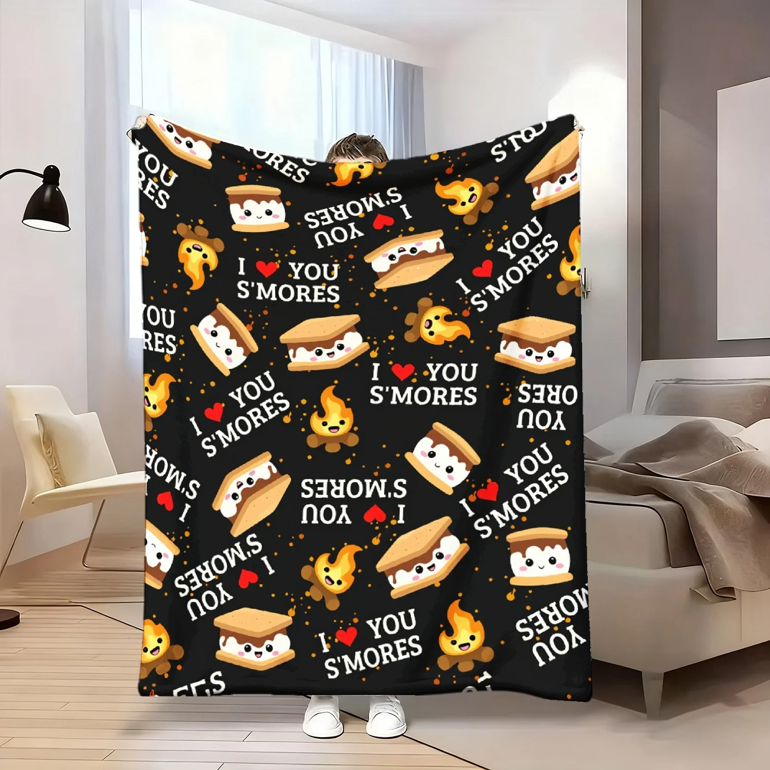 2D Flat Printing, 1pc Cartoon Food Style Blanket/Throw, Featuring S'Mores Sandwich Cute Flame Print Pattern Nap Mat, Suitable fo