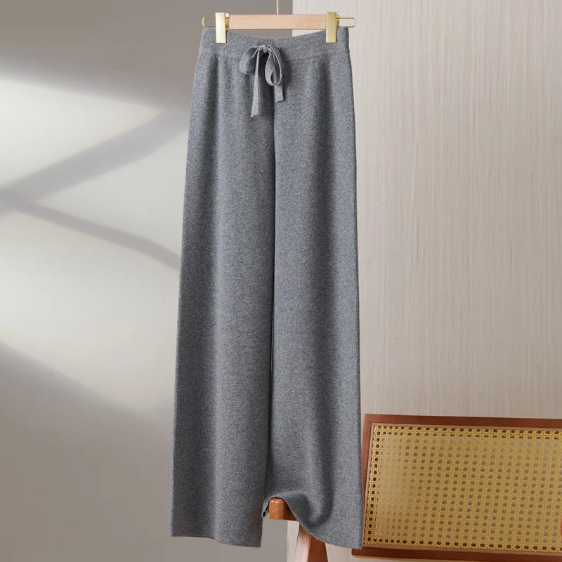 Imagem -02 - Calça Retrô de Malha Feminina Perna Larga 100 lã Merino Moda Coreana Outono e Inverno