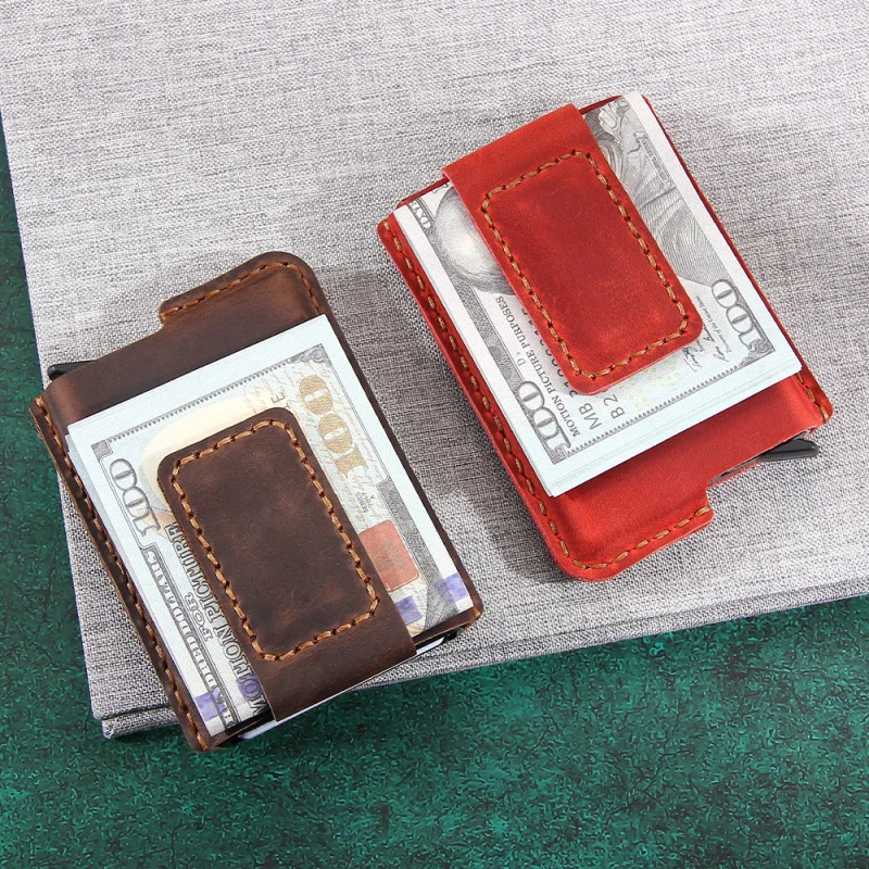 Vintage Handmade Genuine Leather Magnetic Wallet With Automatic Pop-Up Card Box, Top Layer Cowhide Anti-Theft Card Bag