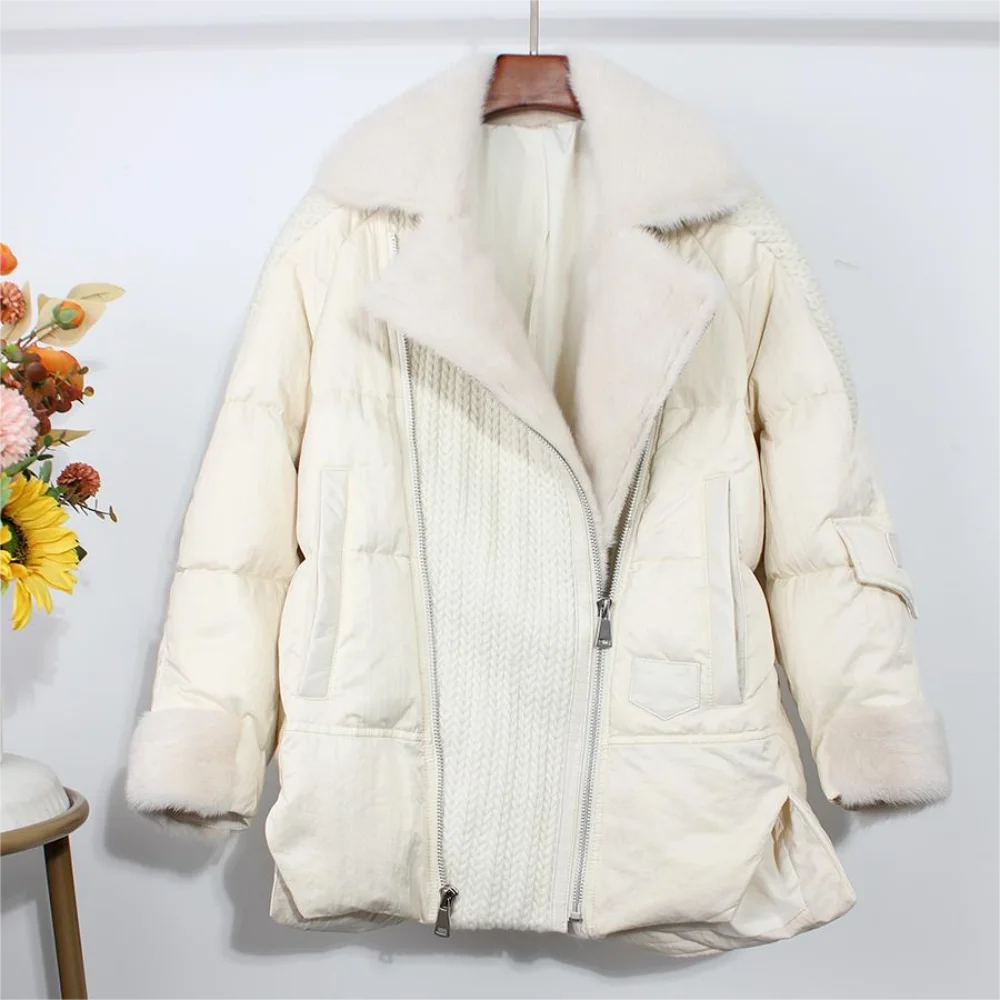 Chaqueta con cuello de piel de visón Real para mujer, chaqueta con solapa de manga de conejo de Angora cosida, media y larga, nueva moda, Invierno