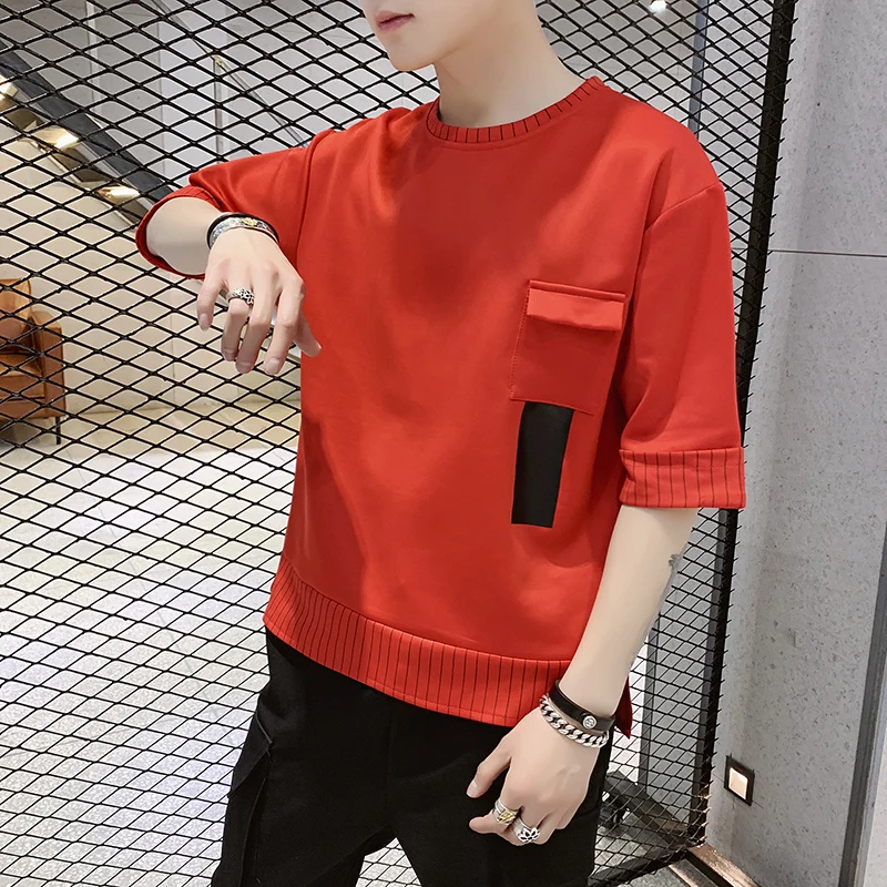 Coreano giovanile vitalità t-shirt manica 3/4 estate moda Patchwork a righe abbigliamento uomo o-collo tasche Casual pullover nuovo