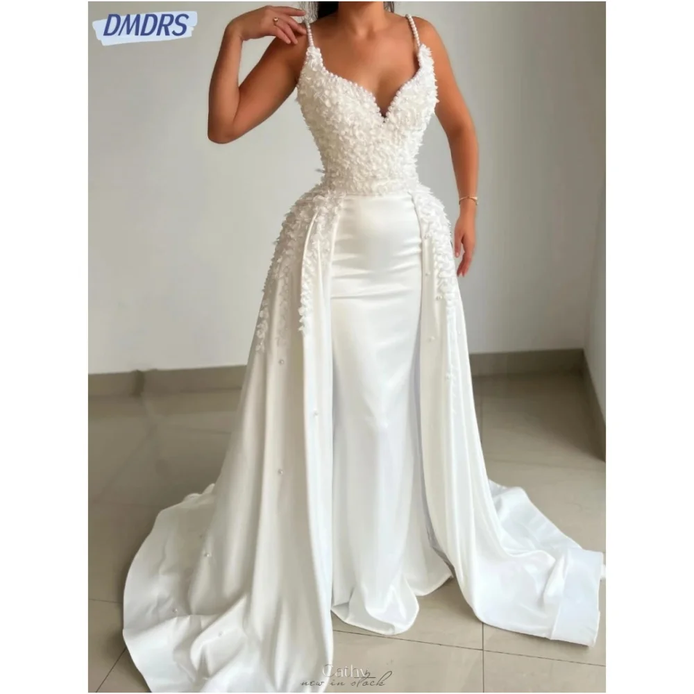 Cathy White Pearls Spaghetti Strap V Neck Wedding Dresses Satin Pleats vestidos de noche Mermaid Customized Formal Evening 2024