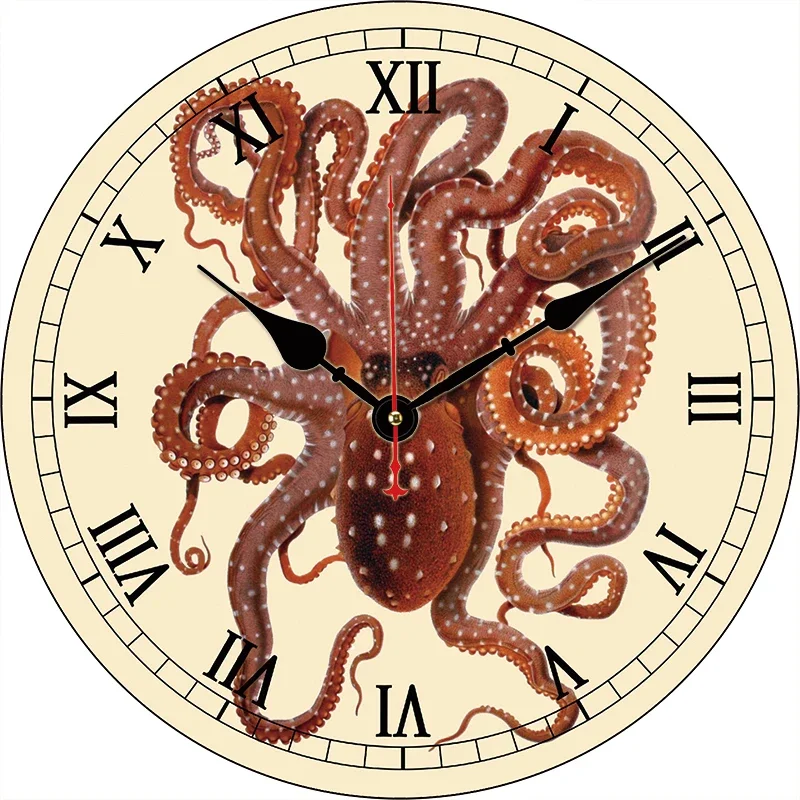 

Retro Octopus Kitchen Round Wall Clock Large Dinning Restaurant Cafe Decorative Wall Clock Silent Non-Ticking Nice For Gift