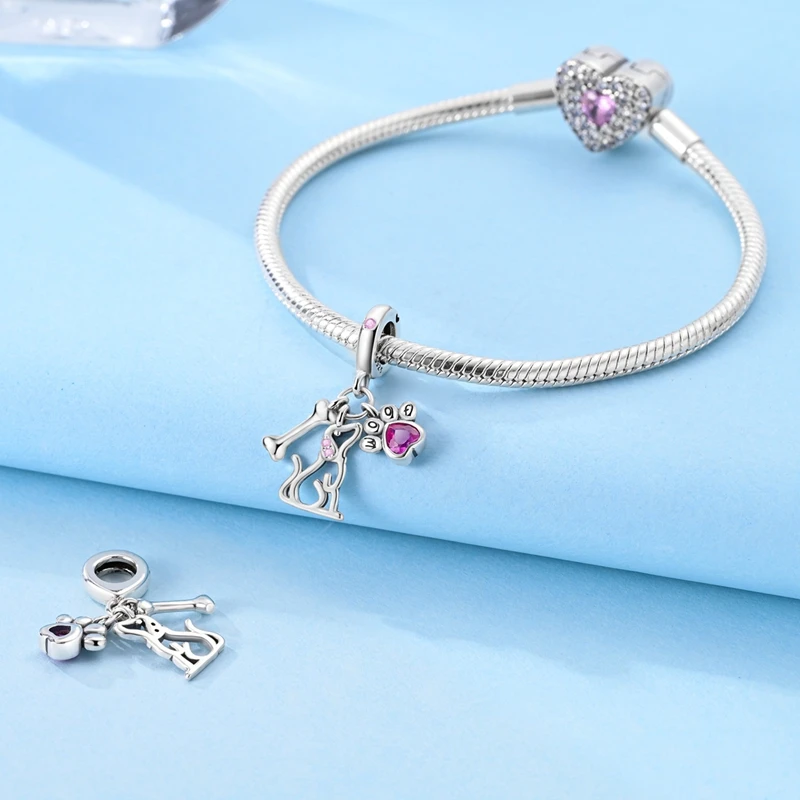 Fashion 925 Sterling Silver Dog Paw Print Bone Charms Pendant Fit Original Bracelet DIY Women Birthday Jewelry Gift