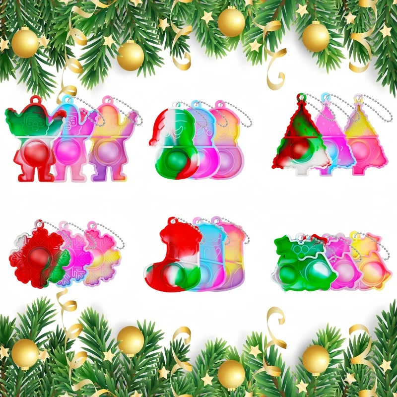 10-30pcs Mini Pop Keychains Stress Relief Toy Tree Hanging Ornaments Christmas New Year Party Gift Home Decoration Fidget Toys