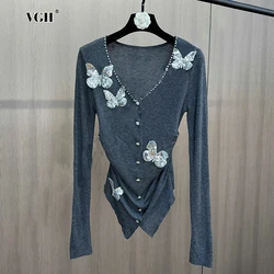 VGH Patchwork 3D Sequins Knitwear For Women V Neck Long Sleeves Spliced Single Breasted Casual Cardigan Coat Female Korean Style