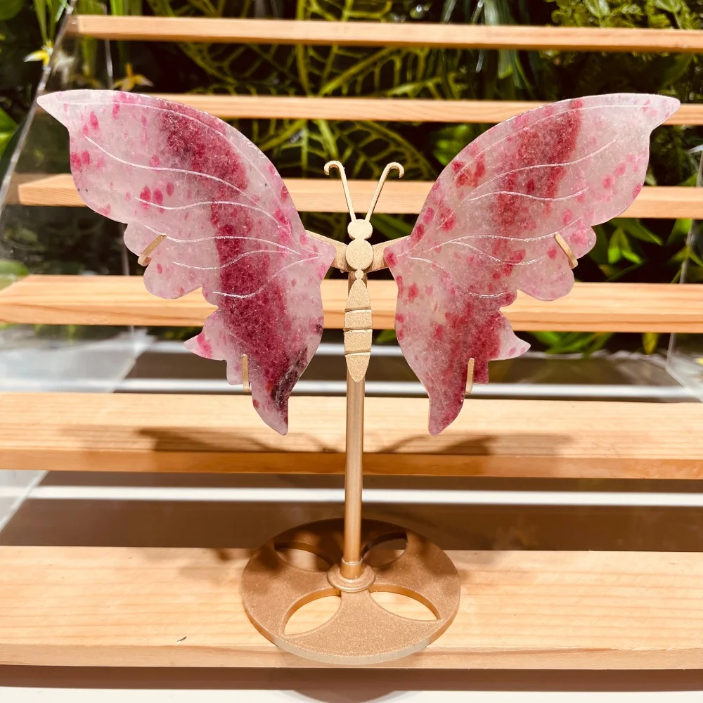 Natural Rhodonite Butterfly Wings Statue with Metal Stand Crystal Butterfly Figurine Reiki Healing Stone Home Desk Ornament