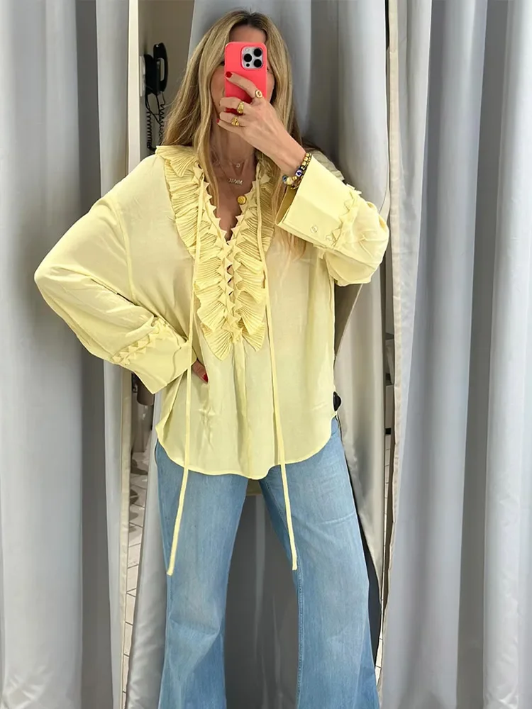 Women Casual Solid Ruffles Full Sleeve Chiffon Shirt Loose V Neck Long Sleeves Street Blouses 2025 Spring Summer Holiday Tops