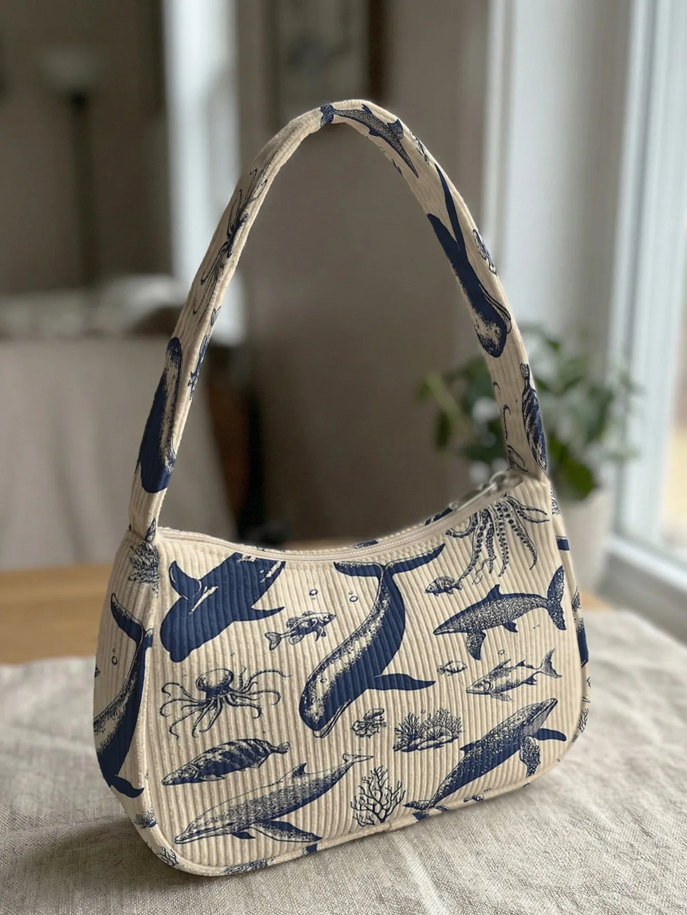 Trendy Marine Life Print Shoulder Bag, Beige Corduroy Underarm Bag for Daily Casual Use