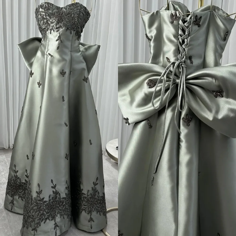 

Customized Temperament silver Satin Evening Dress Elegant Graceful Strapless Spaghetti Straps Backless Special Occasion Gowns