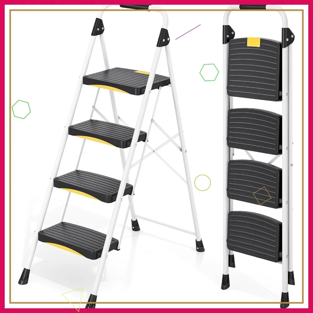 

4-Step Folding Steel Ladder with Safety Lock, Anti-Slip Pedals, 800lbs Capacity for Home Office Kitchen