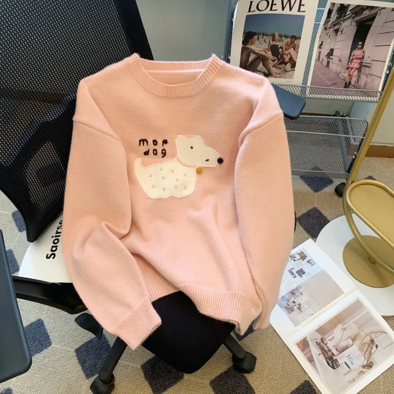 

embroidery Cartoon Dog Sweater Women Autumn Winter 2023 Fashion Long Sleeve Knit Pullover sweaters Casual Vintage Loose Jumpers