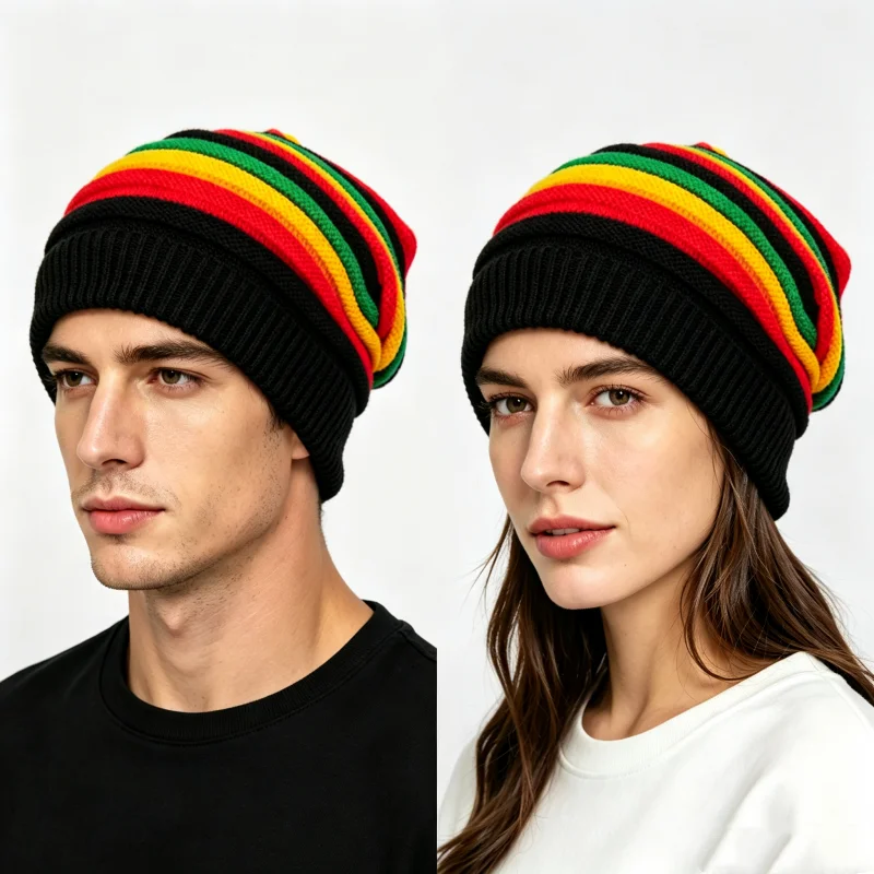 Colorful Stripe Printed Knitted Hat Jamaican Rasta Reggae Beret Cap Winter Warm Beanie Cap Men Women Christmas Xmas Bonnet Hat view 2