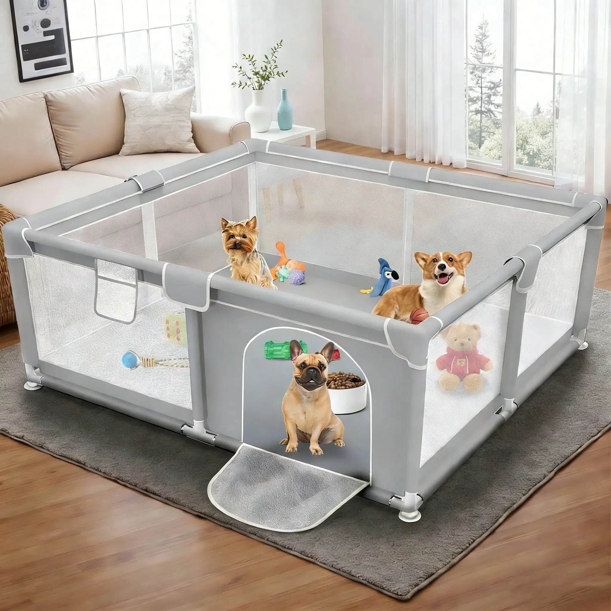

47 * 47 * 24 Inches Puppy Playpen With Gate, Dog Playpen For Puppies And Small Dogs, Sturdy Pet Fence With Thickened Fa