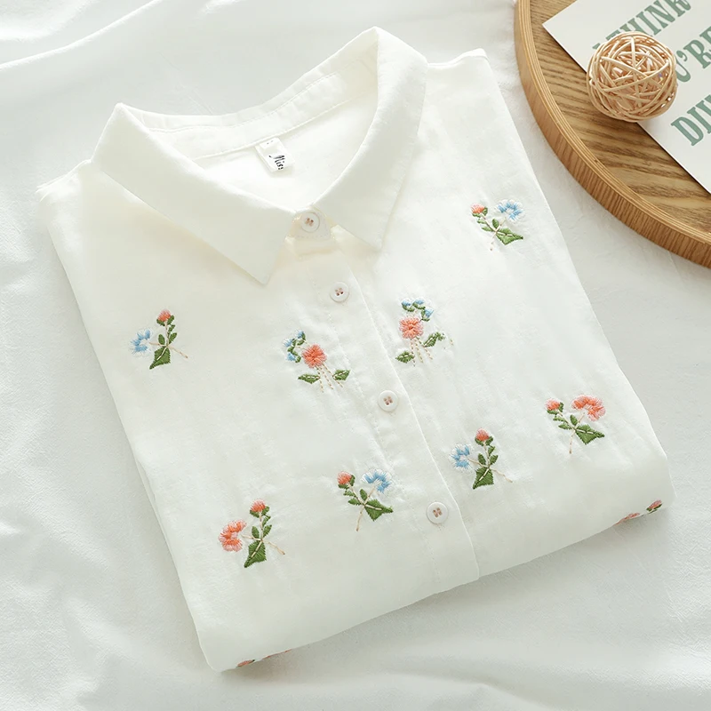 

Spring Summer Double Cotton Half Sleeve Blusa Tops Women Clothes White Color Floral Embroidered Loose Soft Shirts & Blouses U347