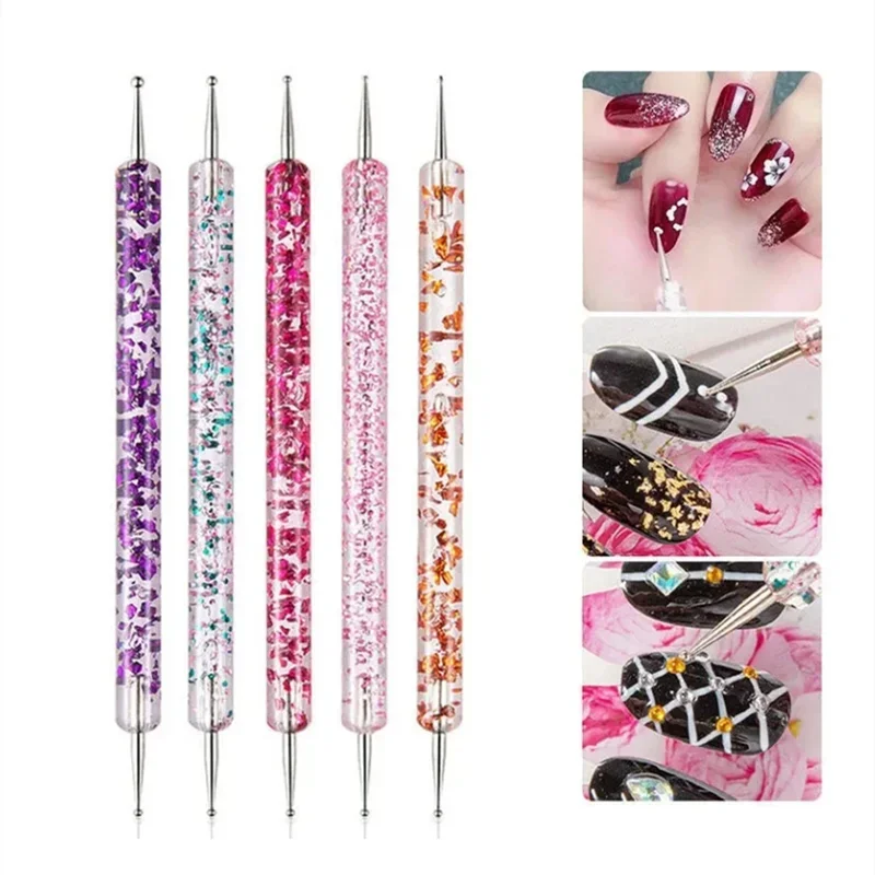 5pcs Dual-ended Nail Art Dotting Tool With Rhinestones Handle Gems Pens UV Gel Liner Flower Pattern Drawing Painting Brush Kits