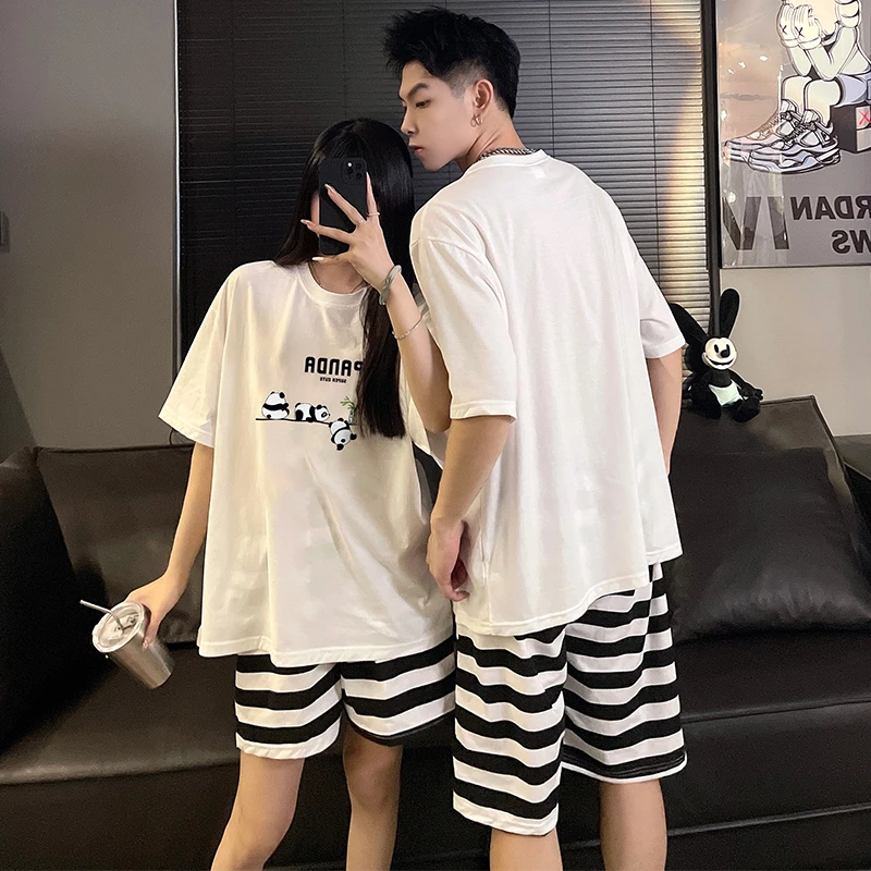 Summer Couple Women Men Pajama Sets Cartoon Sleepwear Pyjama Short Sleeve Panda Pijamas Cotton Mujer Kawaii Pajama Suit