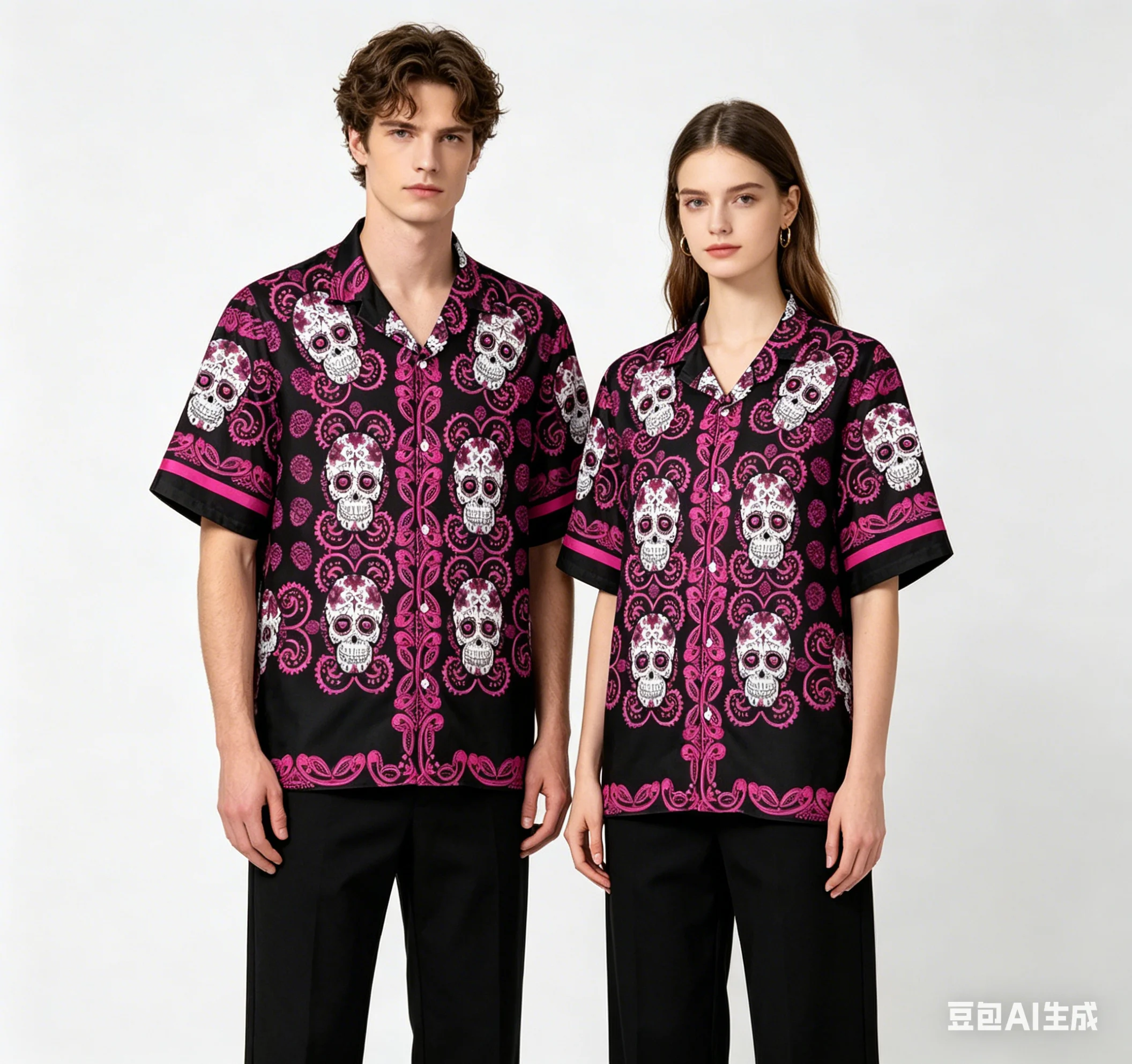 

Gothic Skull Print Couple Button Up Men's Shirts Women Baroque Floral Skull Graphic Summer Casual Streetwear Tops Clothing