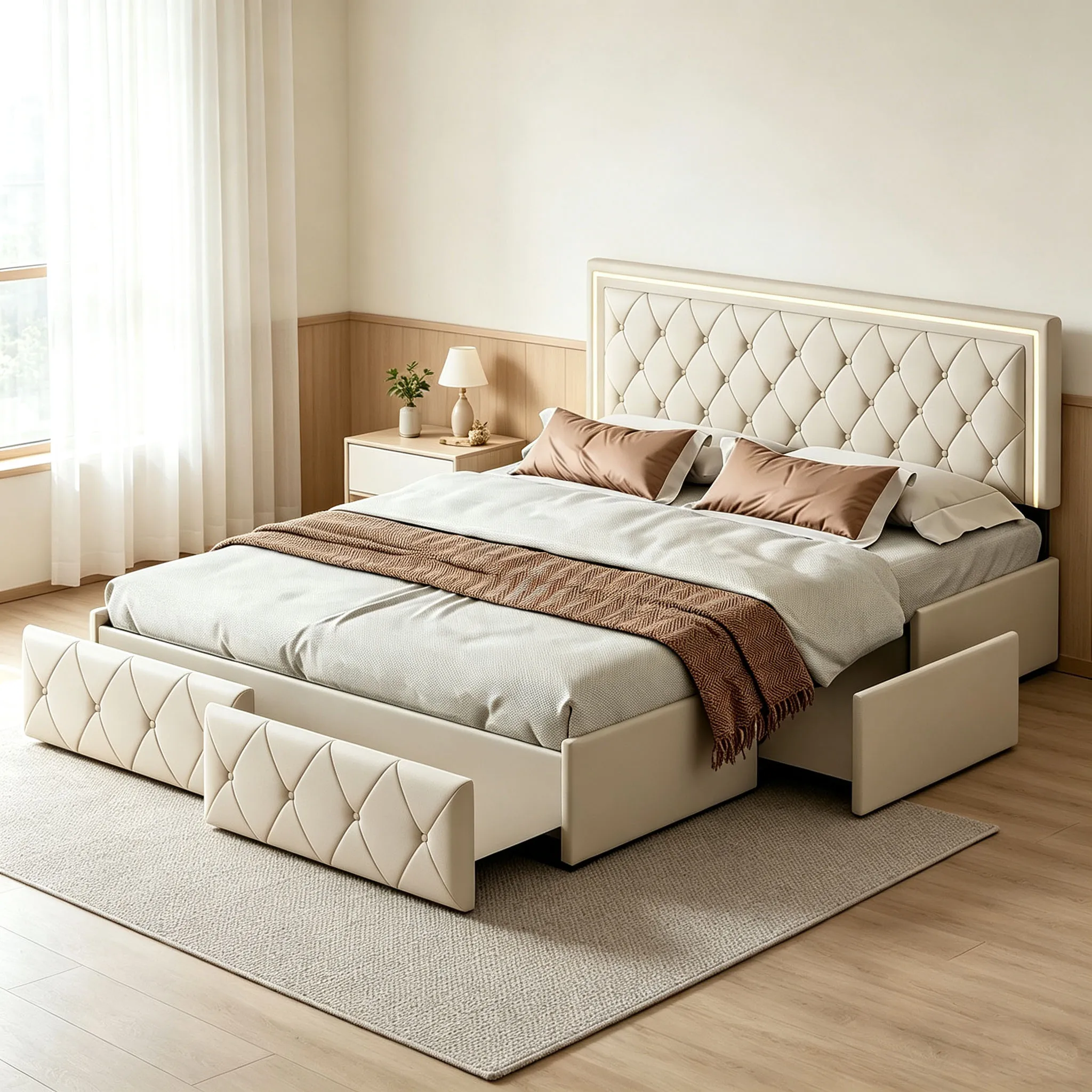 Comanlai, gepolstertes Bettgestell mit Plattform, Bett mit Stauraum, 140 x 200 cm, mit 4 ausziehbaren Metallschubladen, stabile Holzlattenrostkonstruktion, geräumiger Stauraum unter dem Bett für