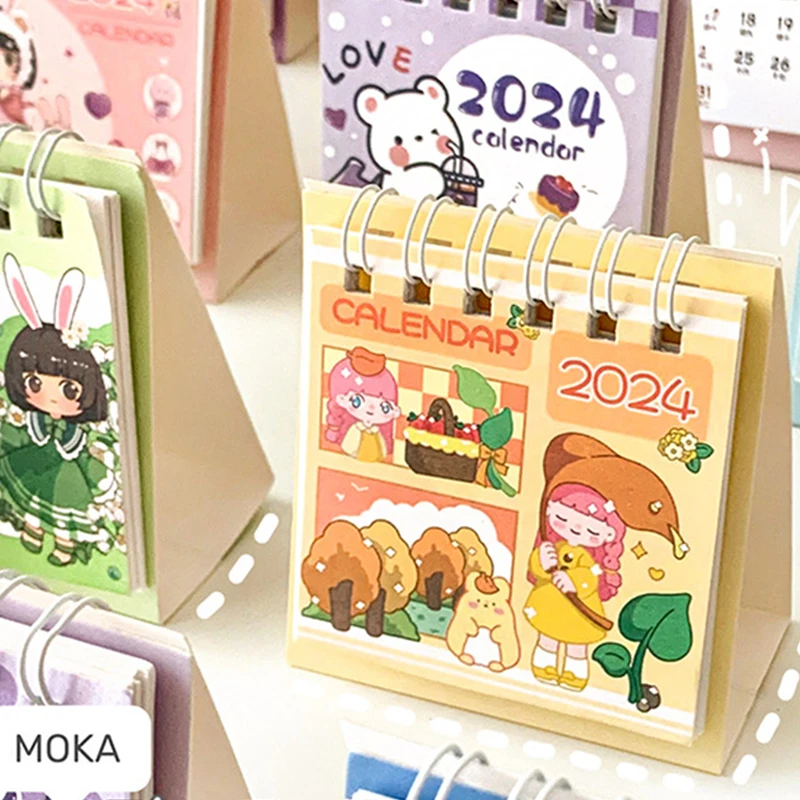 Mini calendário de mesa para meninas, desenhos animados fofos, anime, ano novo, portátil, criativo, mensal, decoração de escritório, 2024