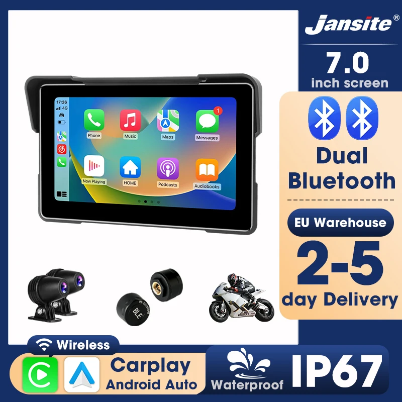 Jansite Tragbares 5/7 Zoll Motorrad-Display mit Wireless Carplay, Android Auto, BT, DVR, digitalem Moto-Dashboard, TPMS, IP67 wasserdicht