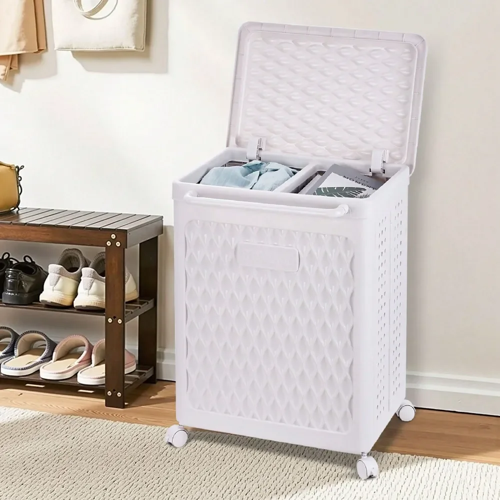 

Laundry Baskets Organization Storage Organization White Laundry Hamper With Wheels Lid 2Section Rolling Storage Basket, Lockable