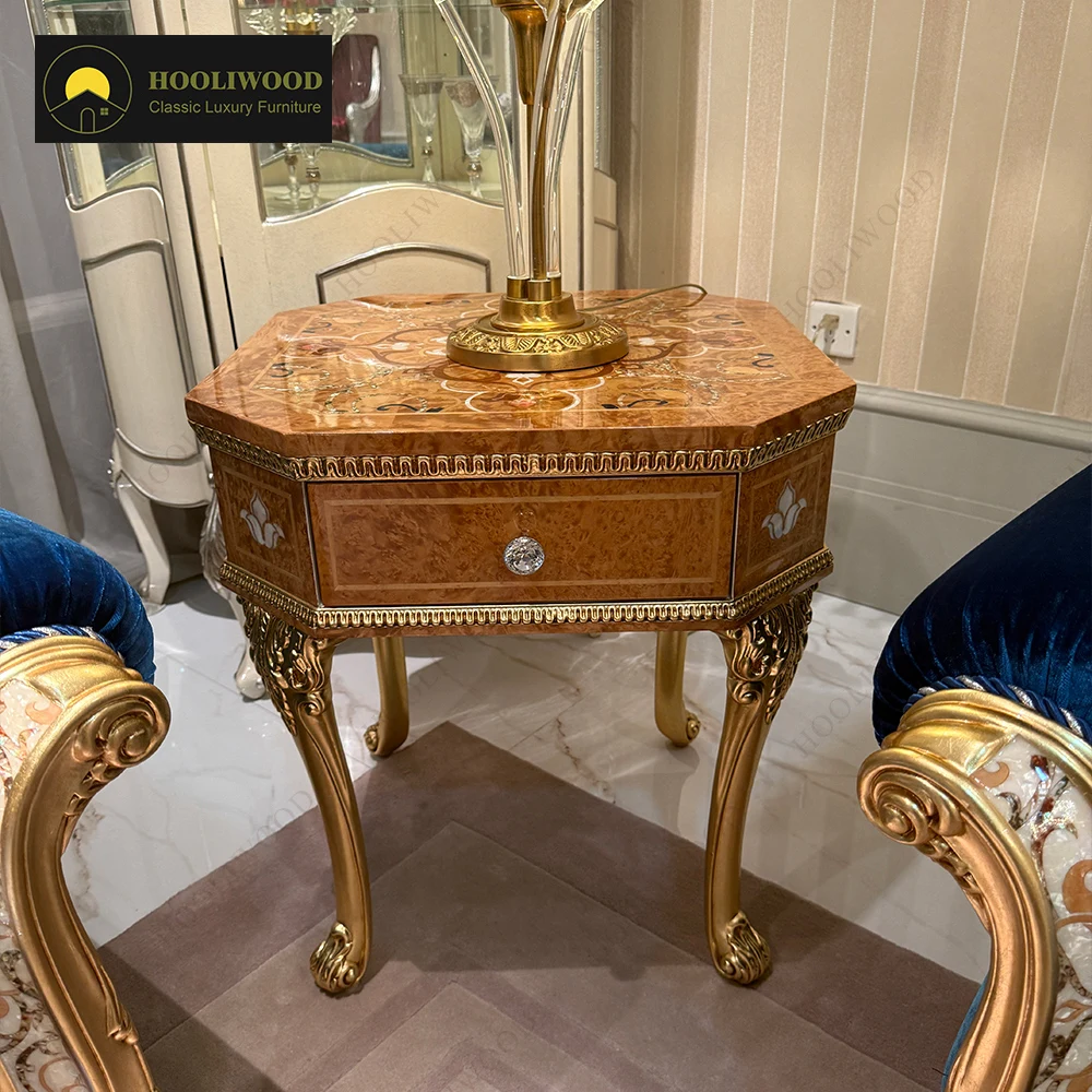 #Gold Painting Legs Orange Wood Veneer Inlaid Pattern Top Luxury Octagonal End Table With Drawer For High-End Living Room