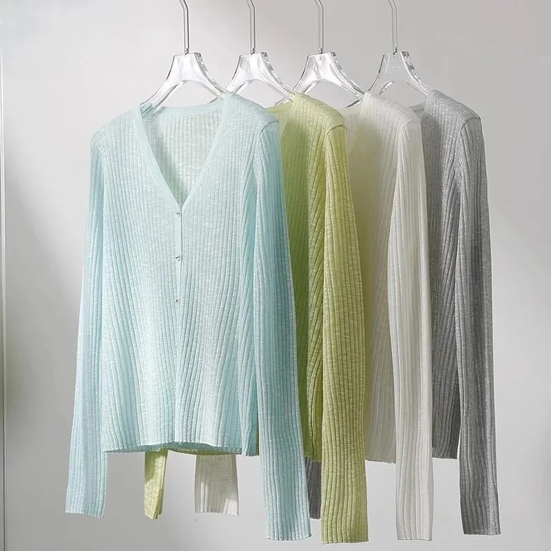 

Bamboo Hemp Knitted Cardigan Women's Thin Ice Silk Linen Jacket Sunscreen Clothing Summer Loose Air-conditioning Shirt Coat
