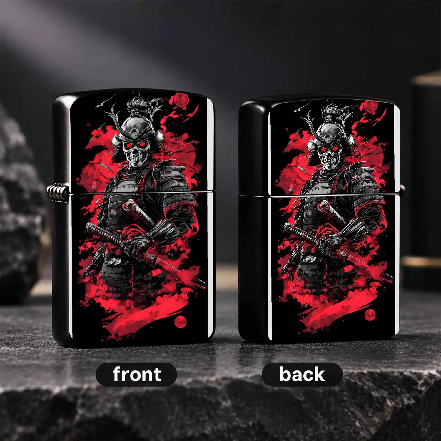 Stylish Undead Samurai Themed Lighter, Cool Dark Blood Red Ink Art Design With Crimson Moon Element, Portable Versatile Ignition Tool For All Scenarios, Unique Trendy Decorative Practical Gift For Home Outdoor Daily Use, Exquisite Ukiyo-E I