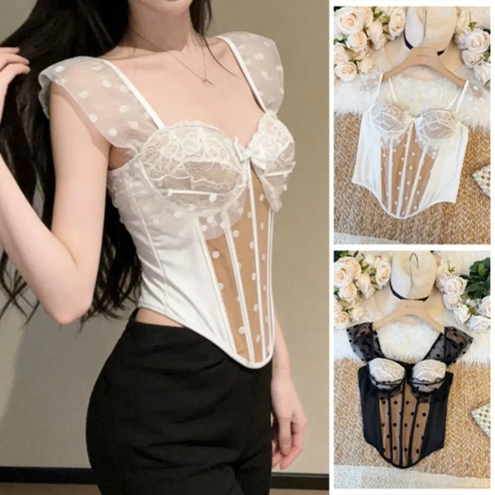 

Fashion Spicy Girl Style Lace Camisole Slim fit Dots Crop Tops Sleeveless Streetwear Lace Corset Party