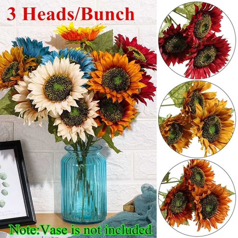 3 Heads/Bunch Decorative Wedding Decor DIY Craft Fake Flores Bouquet Artificial Flower Silk Sunflower Home Accessory