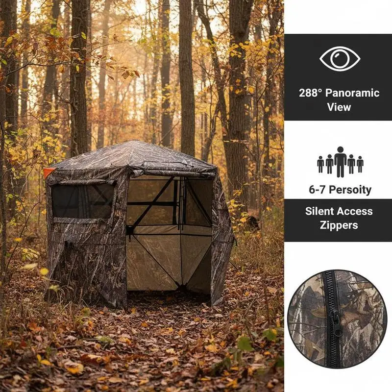 Hunting Blind 6-7 Person For Turkey Deer Hunting, Portable Camouflage Tent, Durable Concealed Shelter, Silent Zipper Door Window, 288 Degree 5 Side See-Through Ground Blinds with Carrying Bag view 6