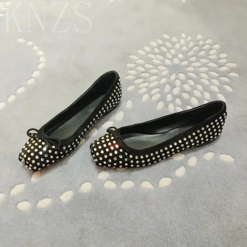 

Spring Summer New Round Toe Stretch Fabric Ballet Flats Woman Crystal Bling Loafers Bow-knot Decor Casual Single Shoe Women 2024