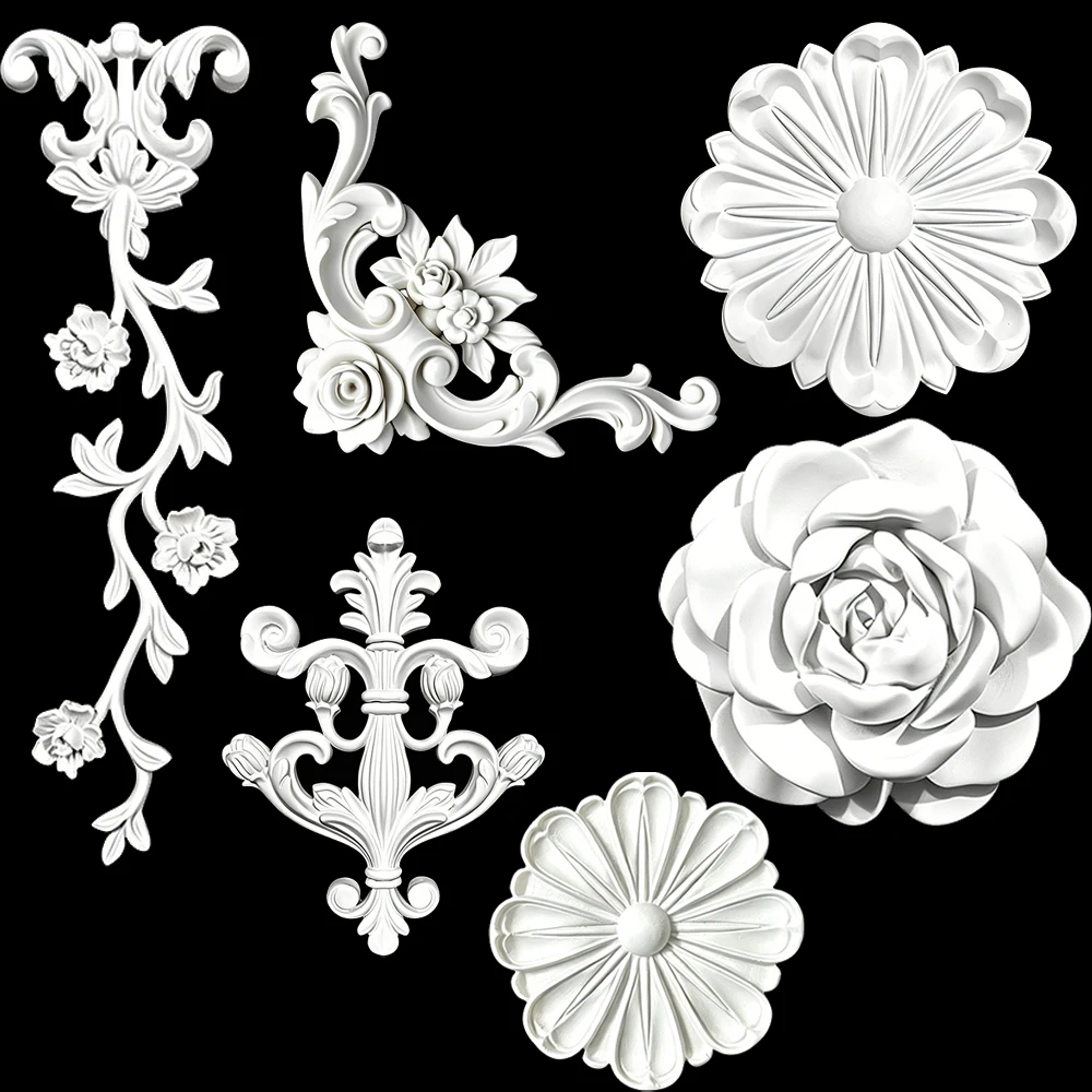 PU French Ceiling Medallion Crown Molding Kit Rose Floral Ceiling Polyurethane Wall Molding for Bed Door Cabinet Furniture Decor