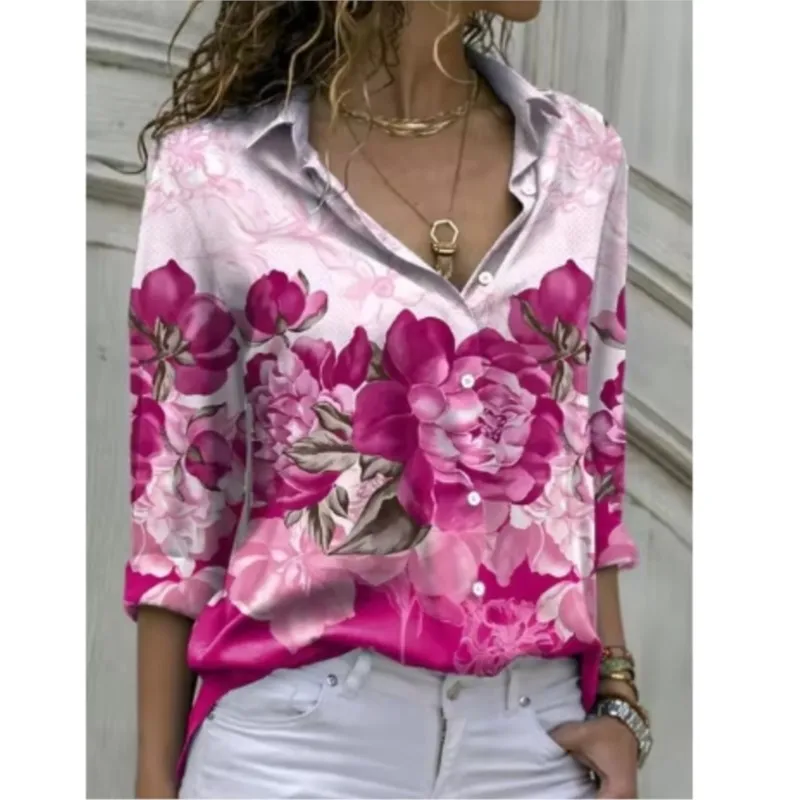 New Elegant Commuting Comfortable Women's Long Sleeve Shirt with Flower Printed Pattern High Grade Collar Button Shirt for Women