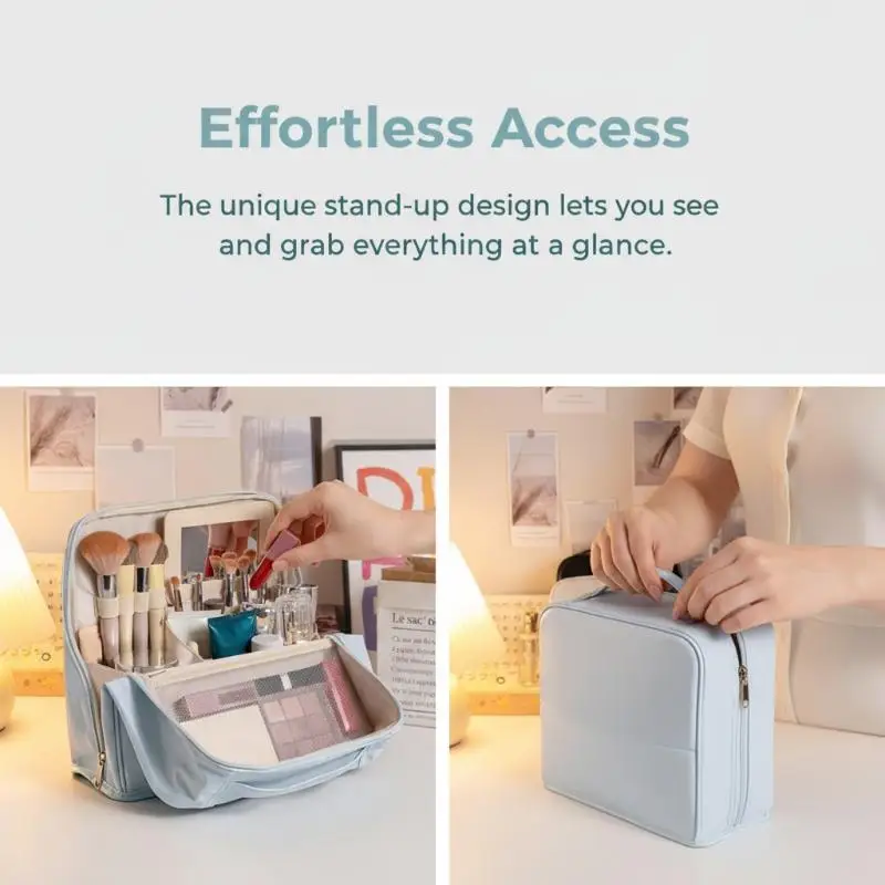 Waterproof Standing Cosmetic Bag Large Capacity Makeup Organizer with Mirror for Women Business Trip Storage