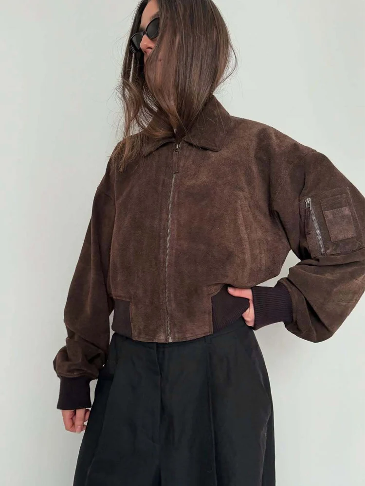 HH 2025 秋物 ソリッドスエード クロップドボンバージャケット レディース ラペル 長袖 ジップポケット ショートコート カジュアル オフィス アウター