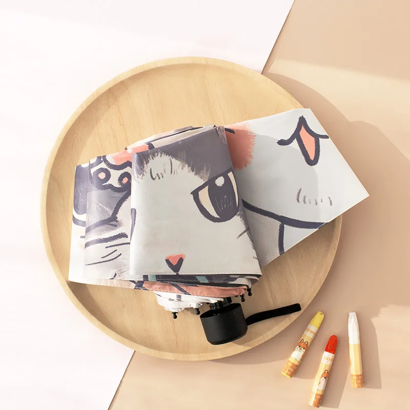 Sunshade Children Rain Automatic Sunscreen Umbrella Black Coating Cute Cat Claw Female Three-grip Umbrella Creative Hand-painted
