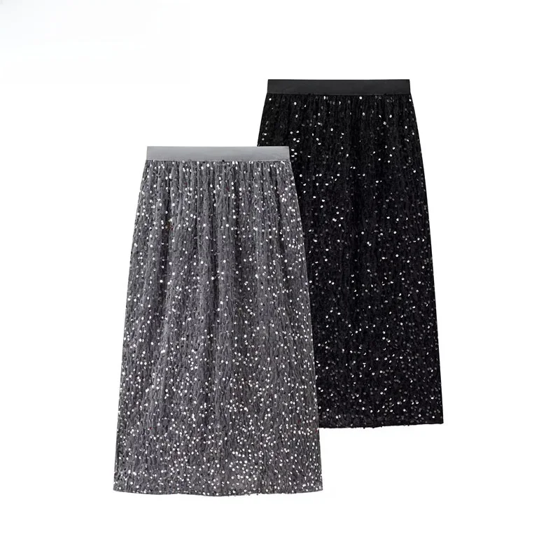 

ZBZR Autumn New Women's Faion European Organza Velvet iny Straight Split Skirt High Waist Ci Commuting Polyester F...